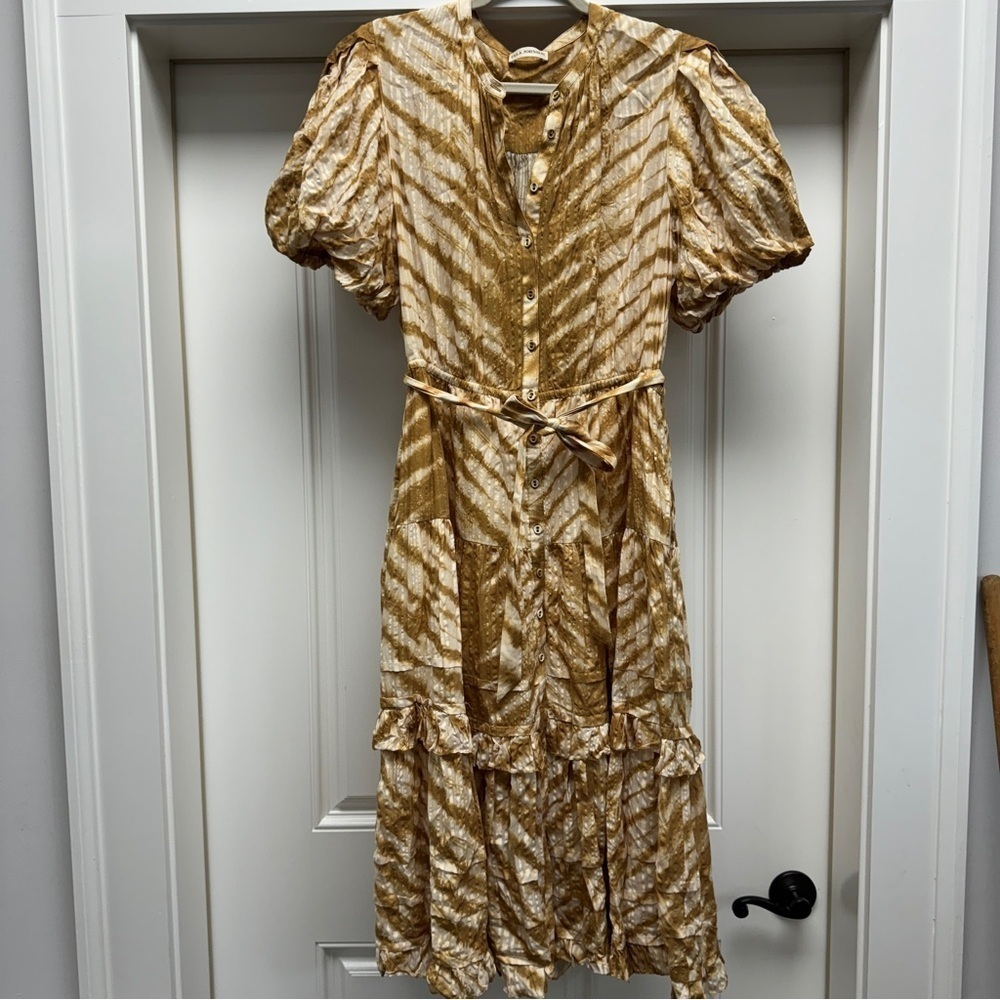 Ulla Johnson Magdalena Midi Dress Sand Tiger Print Puff Sleeves Ruffled - Picture 4 of 16